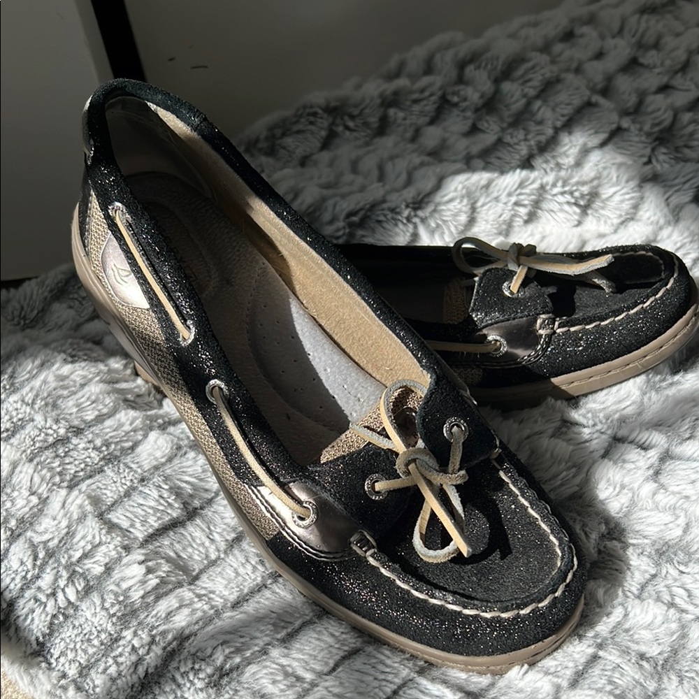 Sperry Black and Tan with Silver Metallic Detail